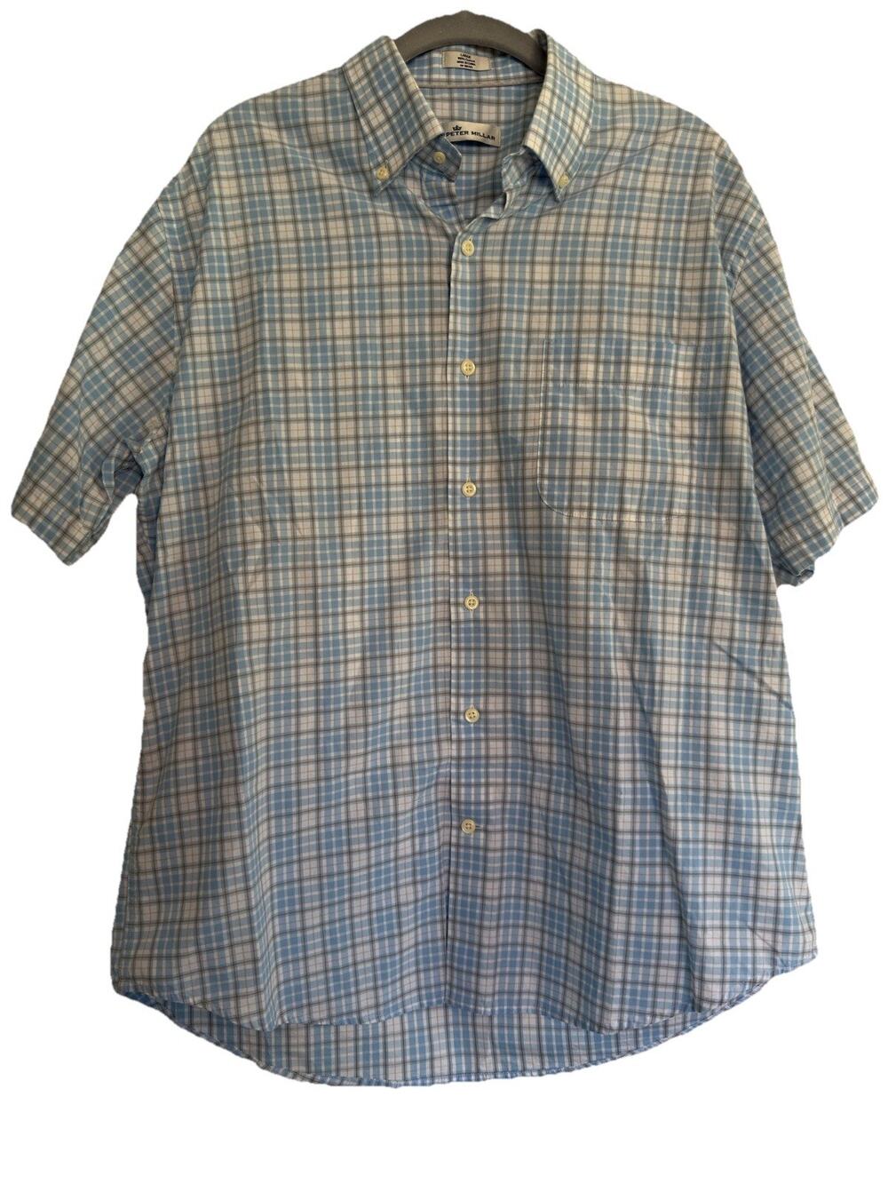 Peter Millar Shirt Mens Large Blue Plaid 100% Cotton Short Sleeve Button-Down